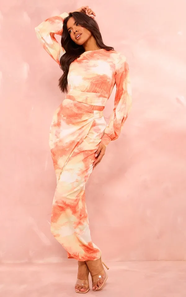 Orange Watercolour Print Tassel Tie Wrap Maxi Dress