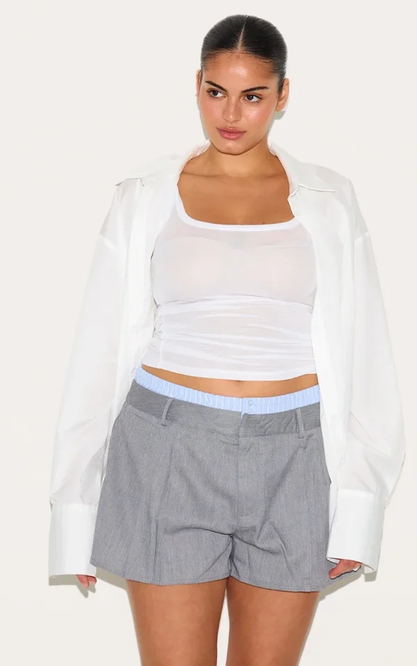 Plus Grey Woven Stripe Contrast Tailored Shorts