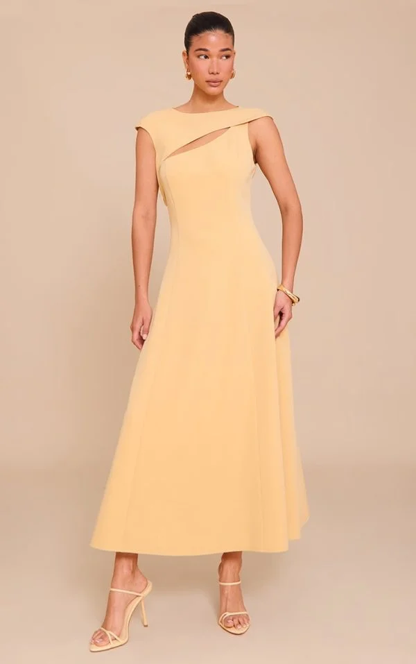 Butter Yellow Asymmetric Cut Out Detail Maxi Dress