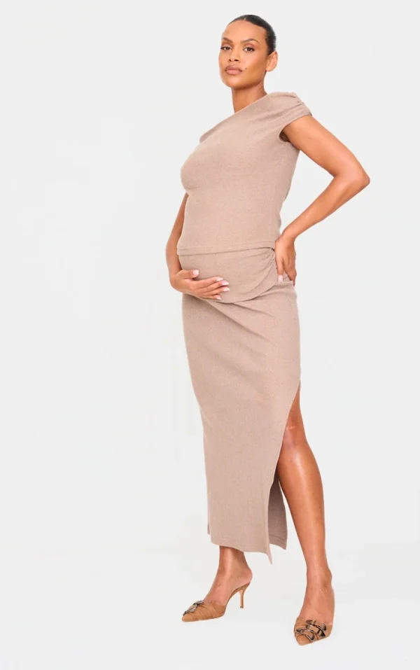 Maternity Taupe Brushed Rib Ruched Detail Foldover Maxi Skirt