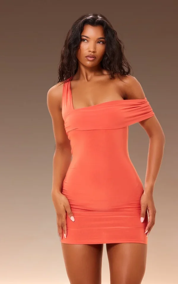 Premium Orange Double Layer Slinky Ruched Bodycon Dress