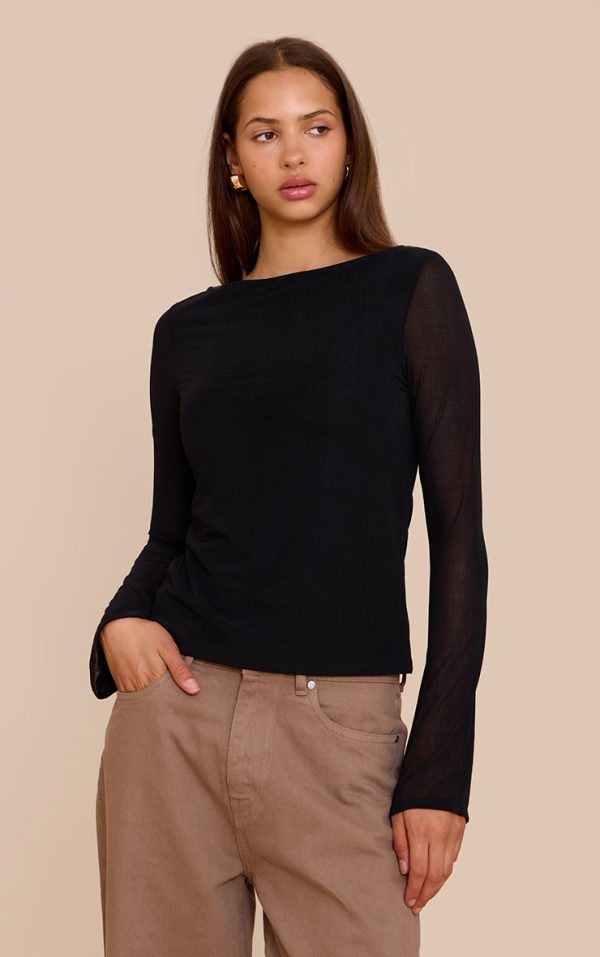 Black Stretch Chiffon Loose Fit Flared Long Sleeve Top