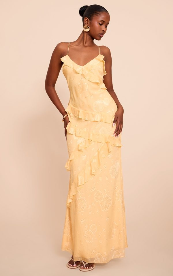 Lemon Floral Embroidered Frill Maxi Dress
