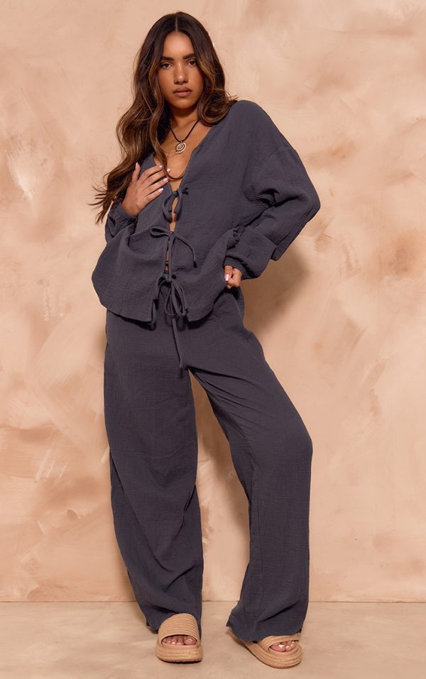 Dark Blue Textured Cheesecloth Wide Leg Pants