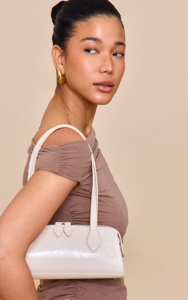 White Textured Faux Leather Bowler Bag