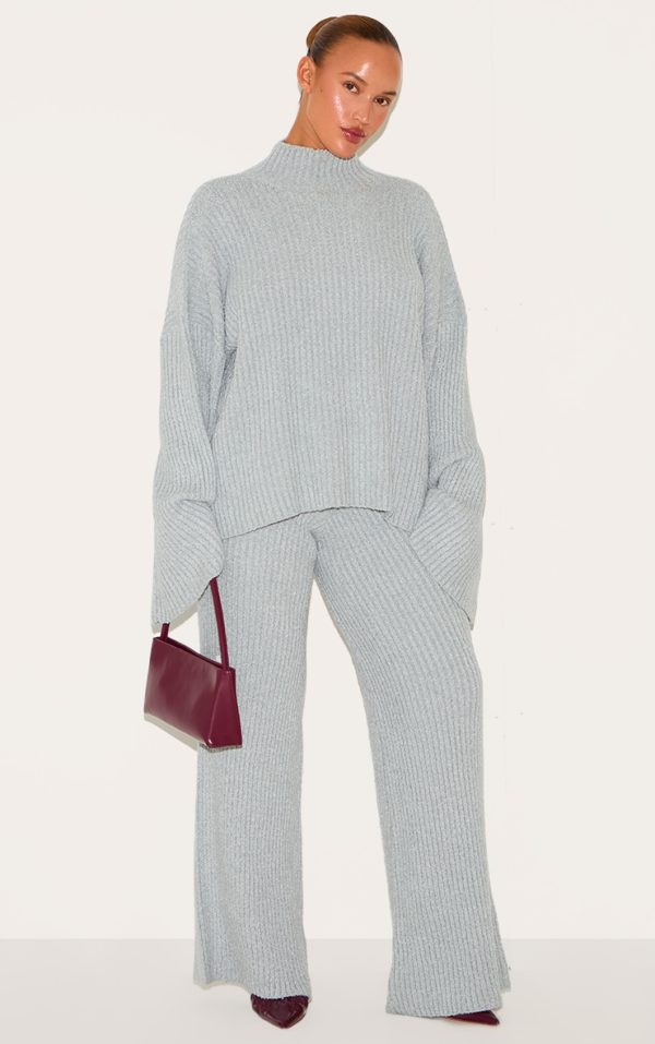 Plus Ash Grey Rib Boucle Knit Wide Leg Pant