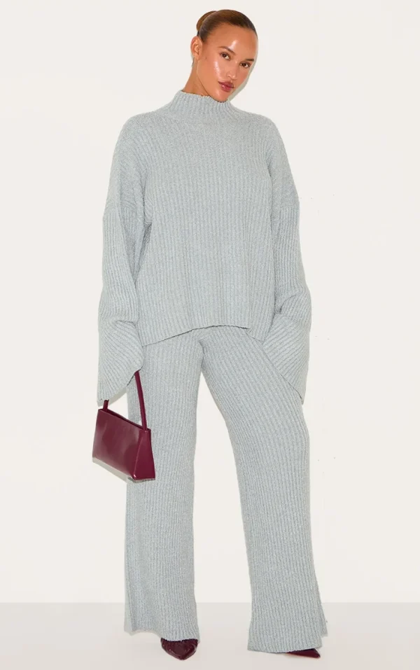 Plus Ash Grey Rib Boucle Knit Wide Leg Pant