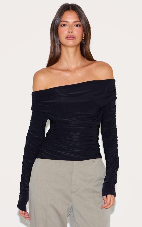 Black Double Layer Slinky Ruched Detail Bardot Long Sleeve Top