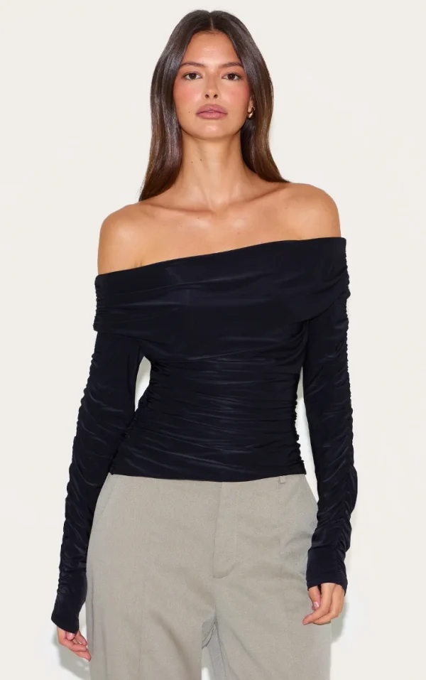 Black Double Layer Slinky Ruched Detail Bardot Long Sleeve Top
