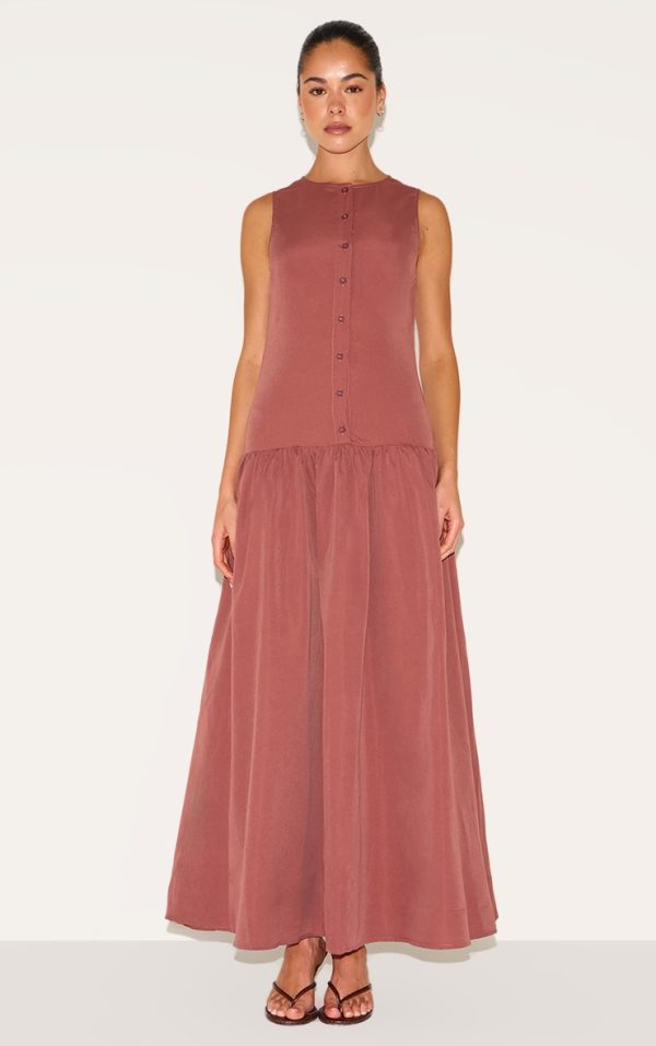 Rust Button Down Drop Waist Maxi Dress