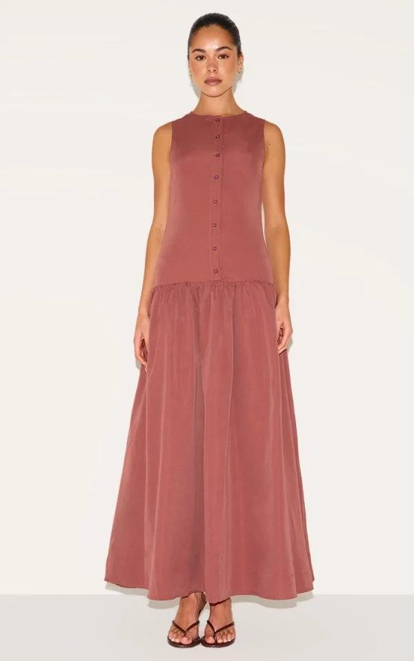 Rust Button Down Drop Waist Maxi Dress