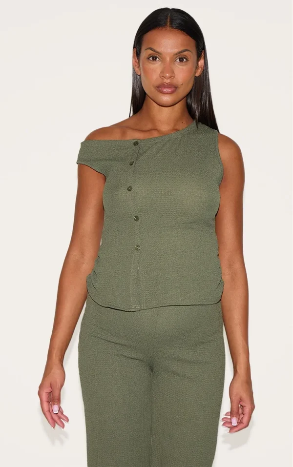 Maternity Dark Khaki Textured Asymmetric Button Top