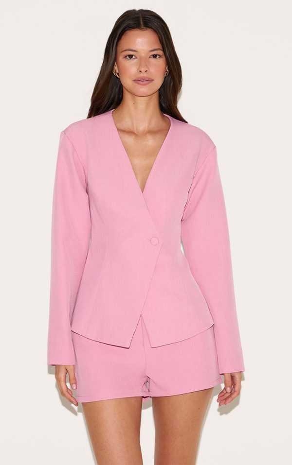 Candy Pink Tailored Cinched Waist Asymmetric Blazer