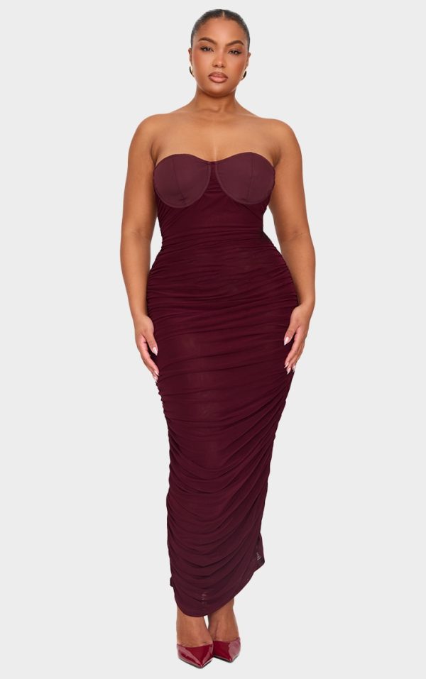 Plus Burgundy Mesh Ruched Cup Detail Maxi Dress