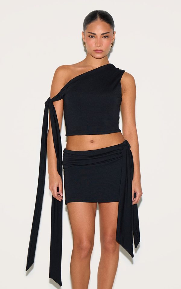 Petite Black Contour Jersey Tie Detail Crop Top