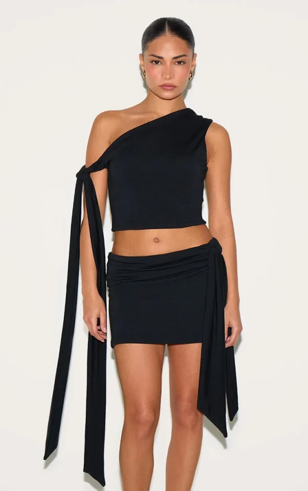Petite Black Contour Jersey Tie Detail Crop Top