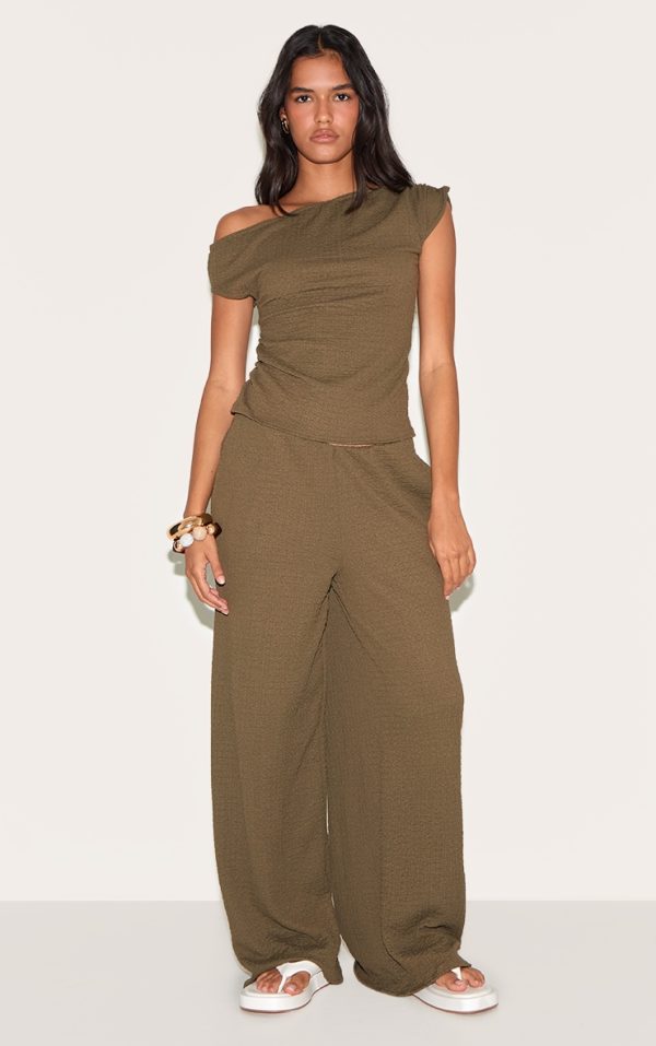Dark Green Textured Mid Rise Wide Leg Pants
