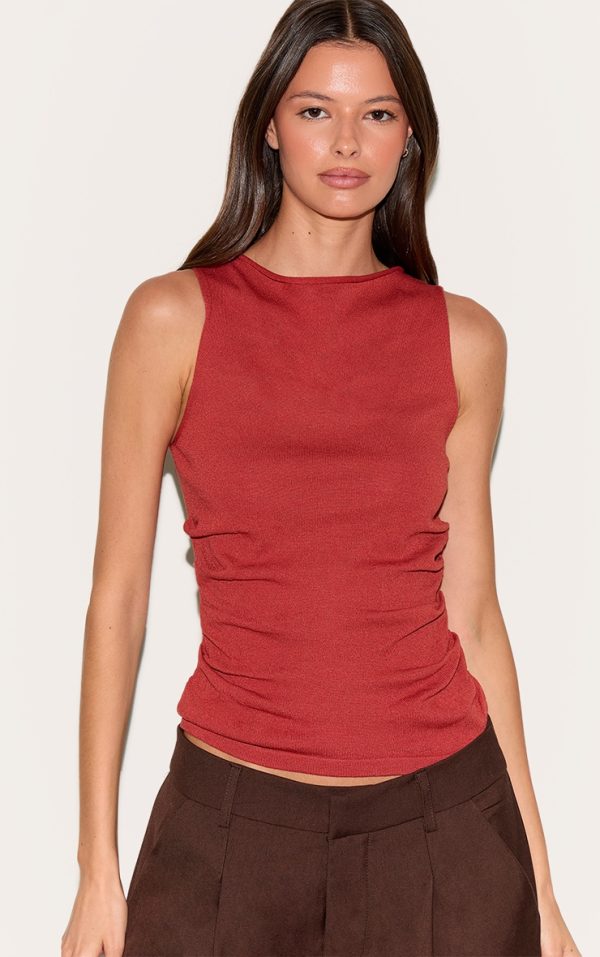 Rust Fine Knit High Neck Sleeveless Top