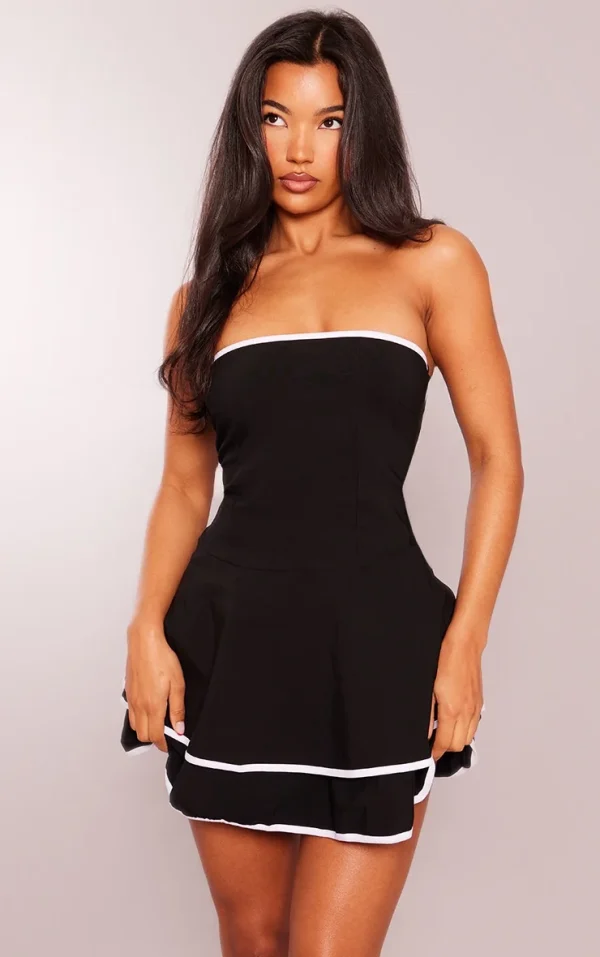 Black Stretch Woven Contrast Tiered Shift Dress