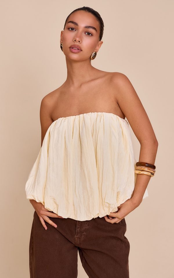 Cream Matte Satin Plisse Puffball Bandeau