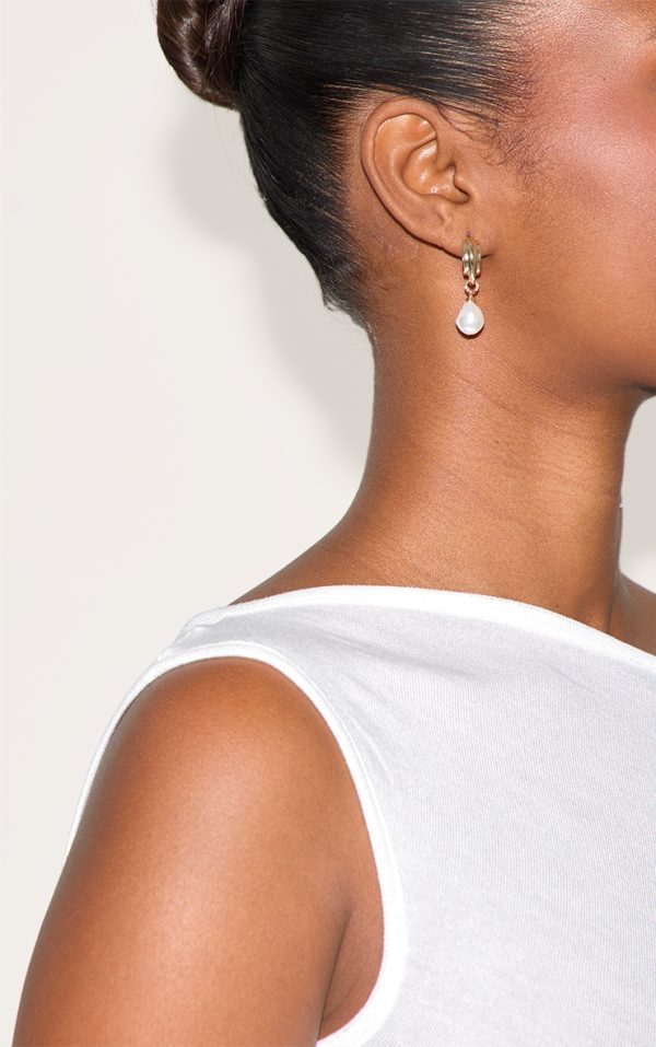 Gold Plated Pearl Drop Mini Hoop Earrings