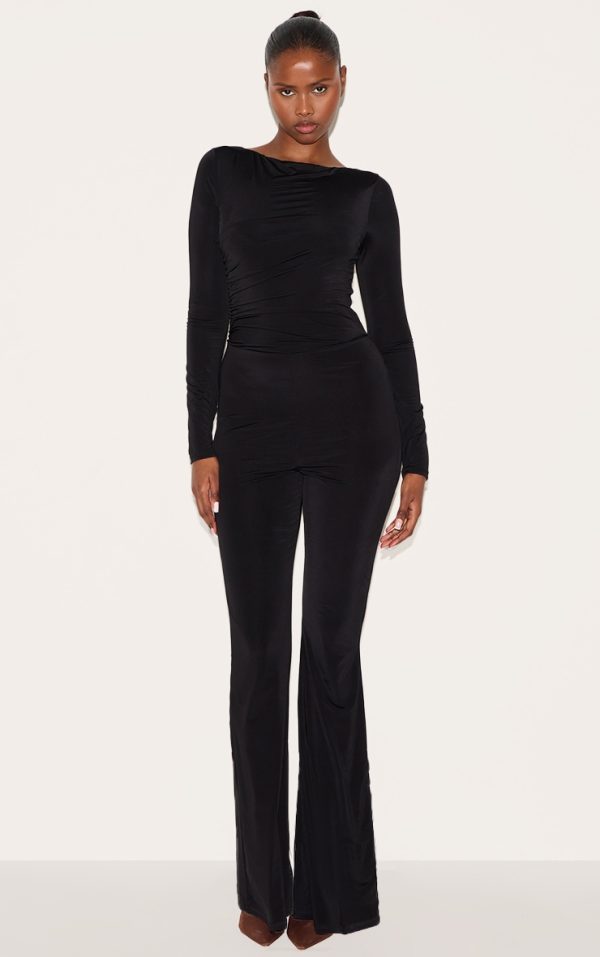 Black Double Layer Slinky Gathered Long Sleeve Wide Leg Jumpsuit