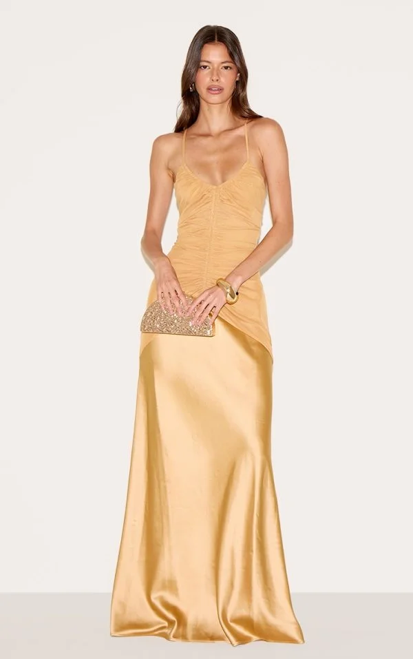 Mustard Ruched Detail Satin Maxi Slip Dress