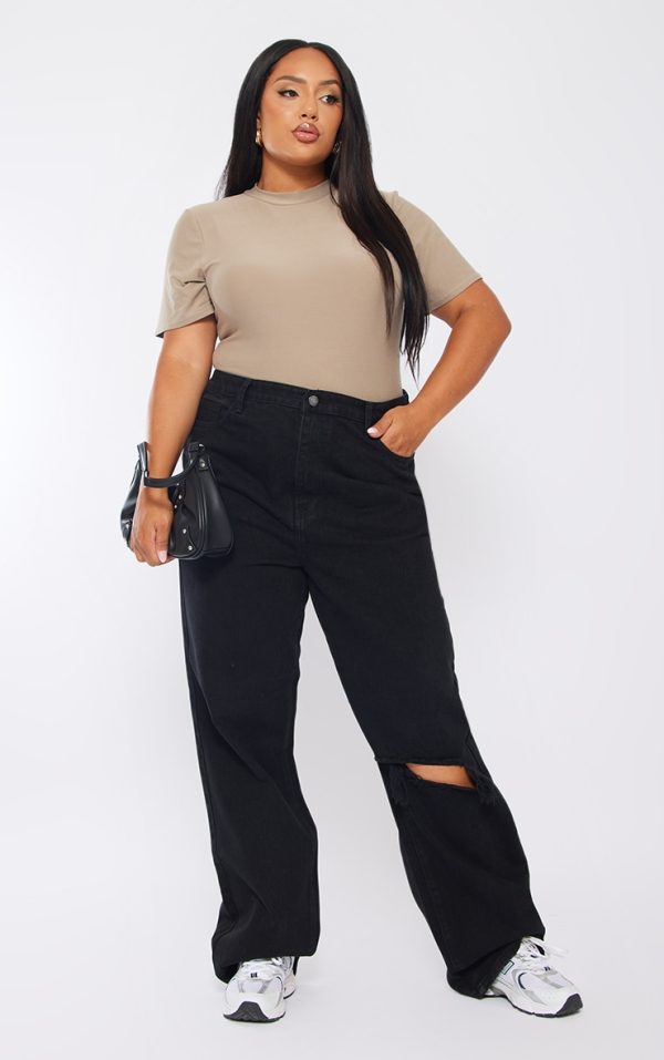 Plus Black Wash Open Knee Long Leg Straight Leg Jeans