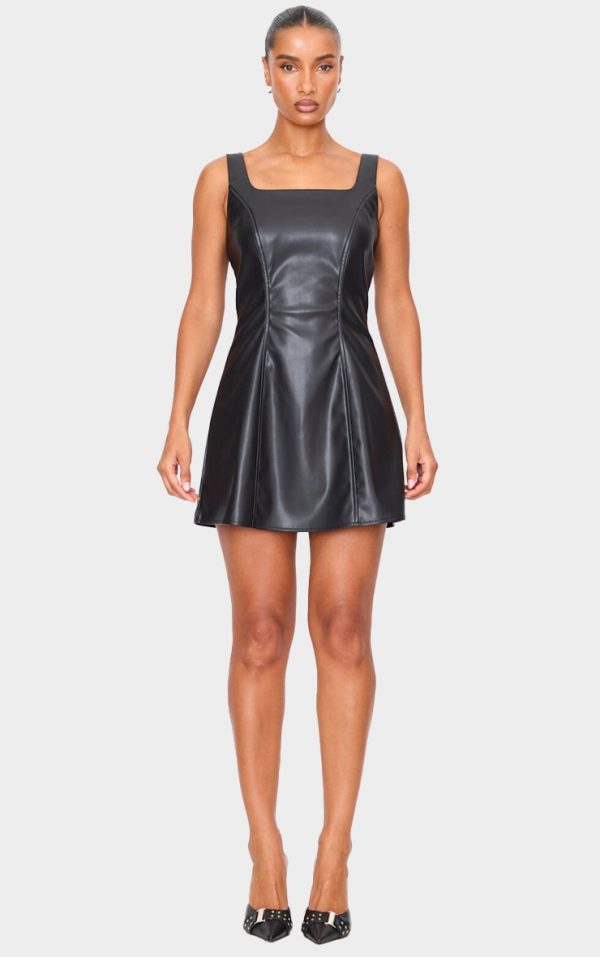 Black Faux Leather Square Neck Mini Dress