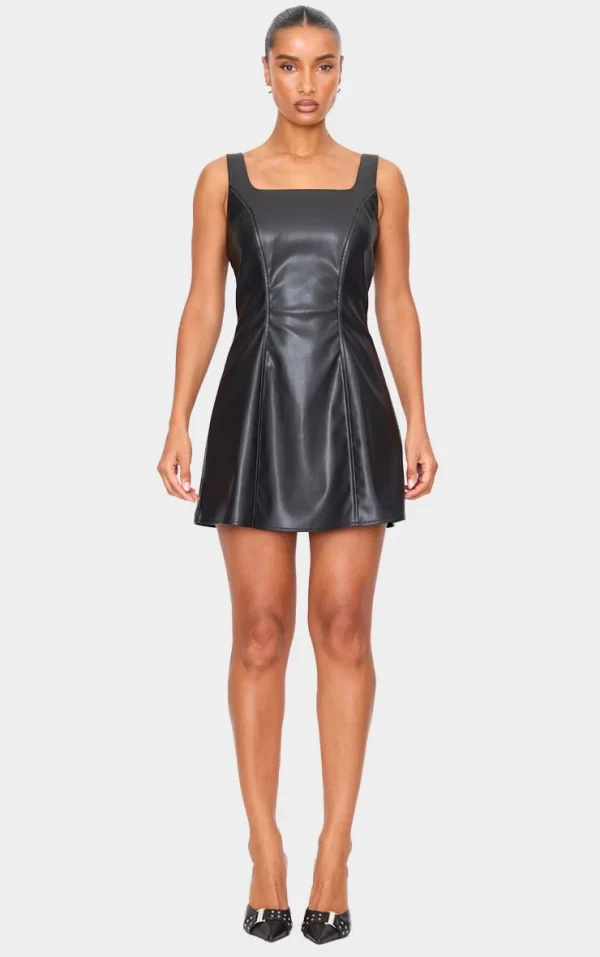 Black Faux Leather Square Neck Mini Dress