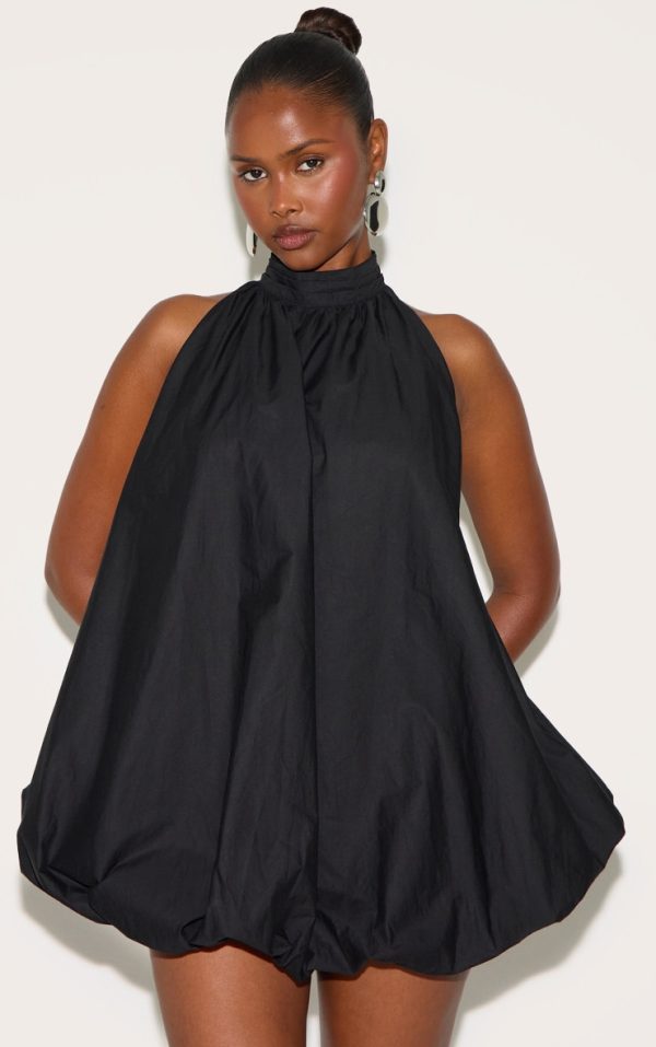 Black Halter Neck Puff Ball Mini Dress
