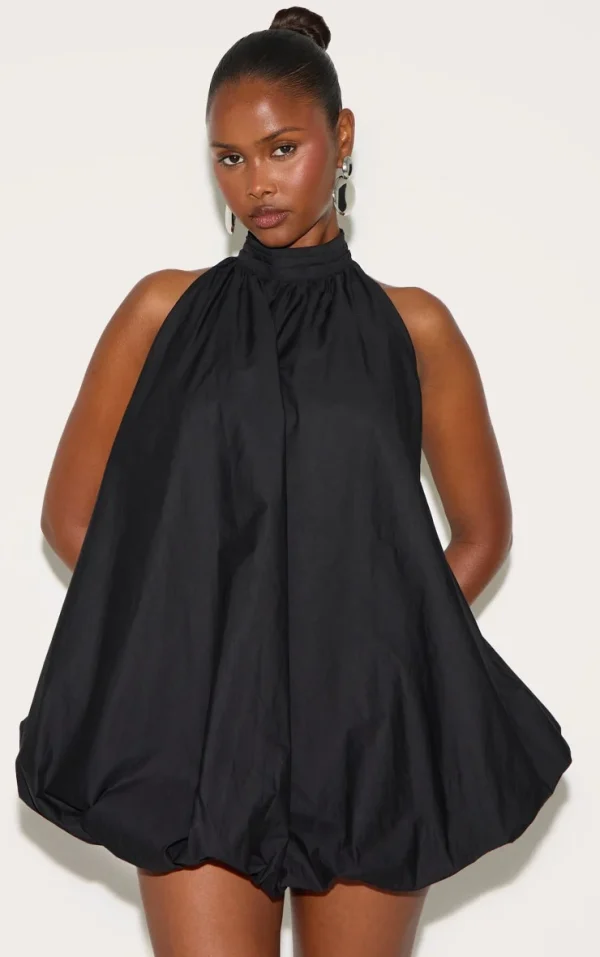 Black Halter Neck Puff Ball Mini Dress