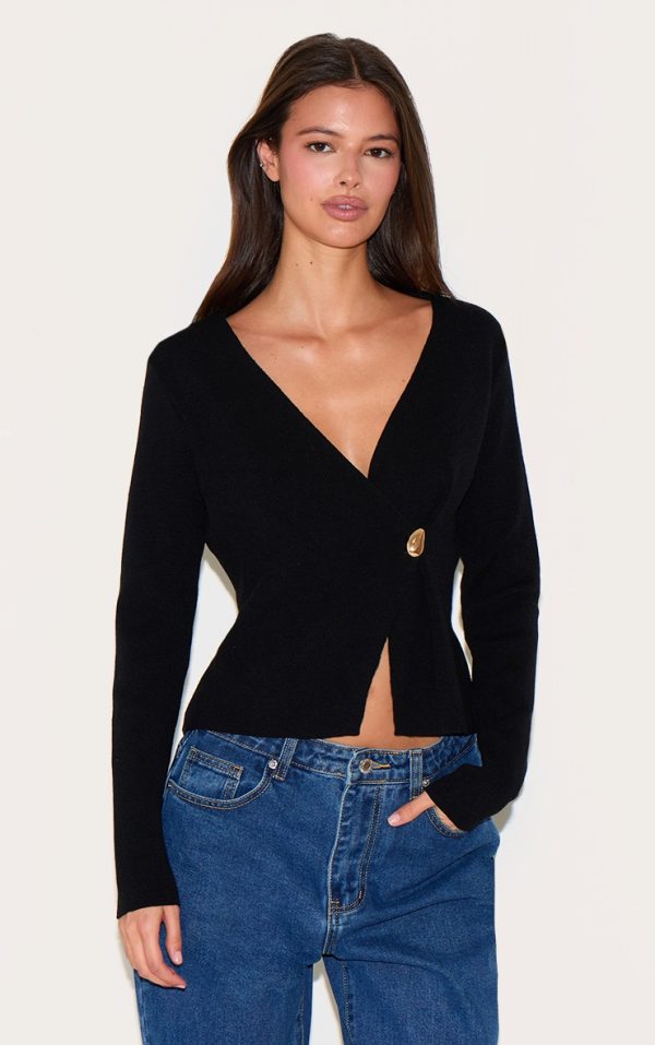 Black Asymmetric Compact Knit Cardigan