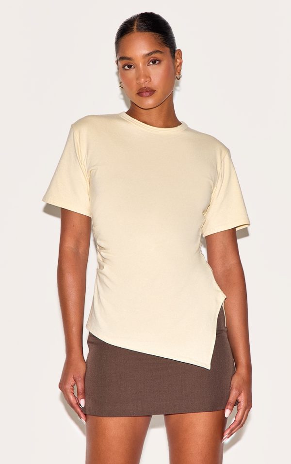 Butter Yellow Cotton Ruched Side Asymmetric Hem T-shirt