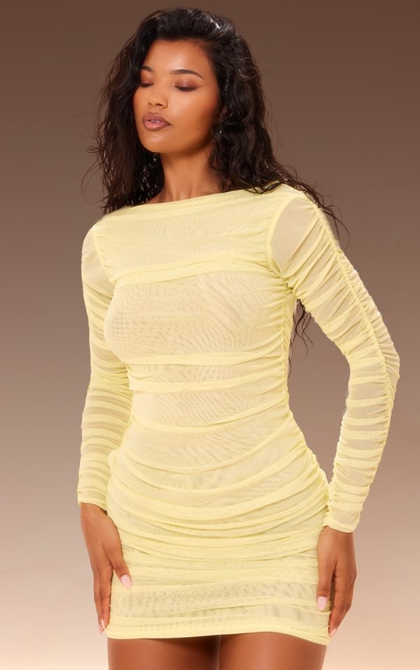 Premium Yellow Double Layer Mesh Ruched Long Sleeve Bodycon Dress