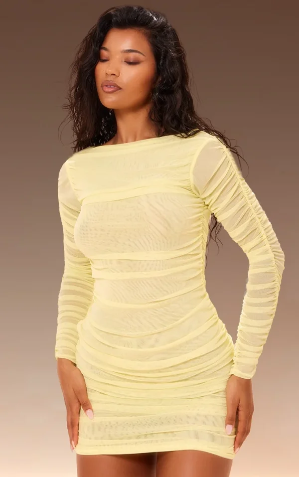 Premium Yellow Double Layer Mesh Ruched Long Sleeve Bodycon Dress