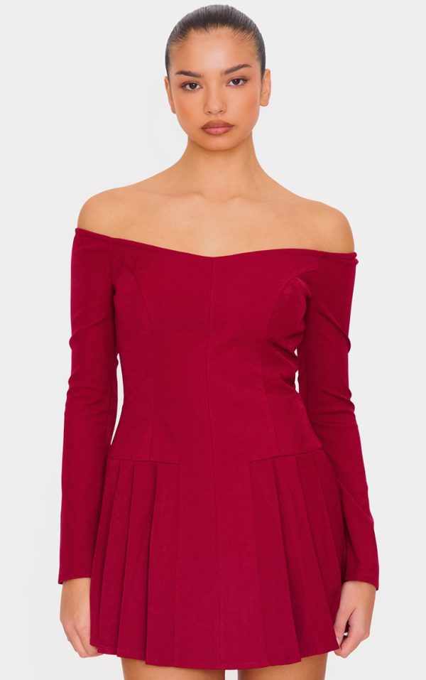 Burgundy Woven Bardot Ling Sleeve Shift Dress
