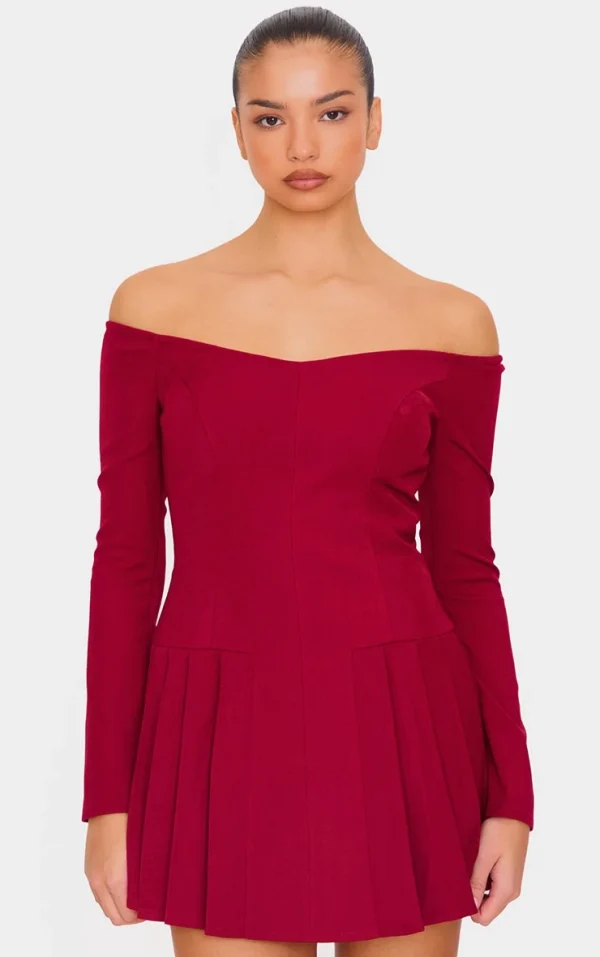 Burgundy Woven Bardot Ling Sleeve Shift Dress