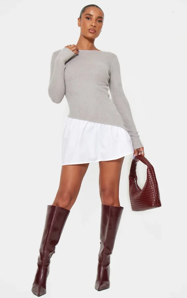 Ash Grey Brushed Rib Asymmetric Hem Shift Dress
