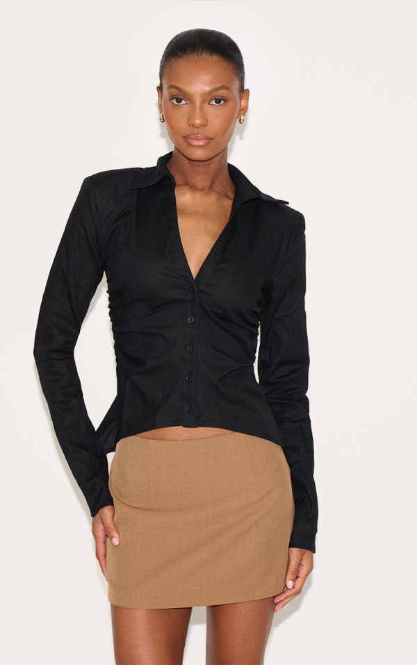 Black Linen Blend Shoulder Padded Fitted Shirt
