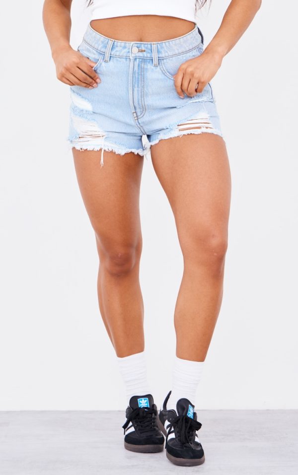 Light Blue Distressed High Rise Basic Denim Shorts