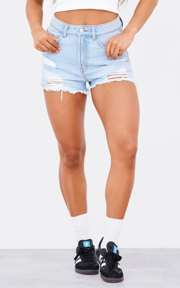 Light Blue Distressed High Rise Basic Denim Shorts