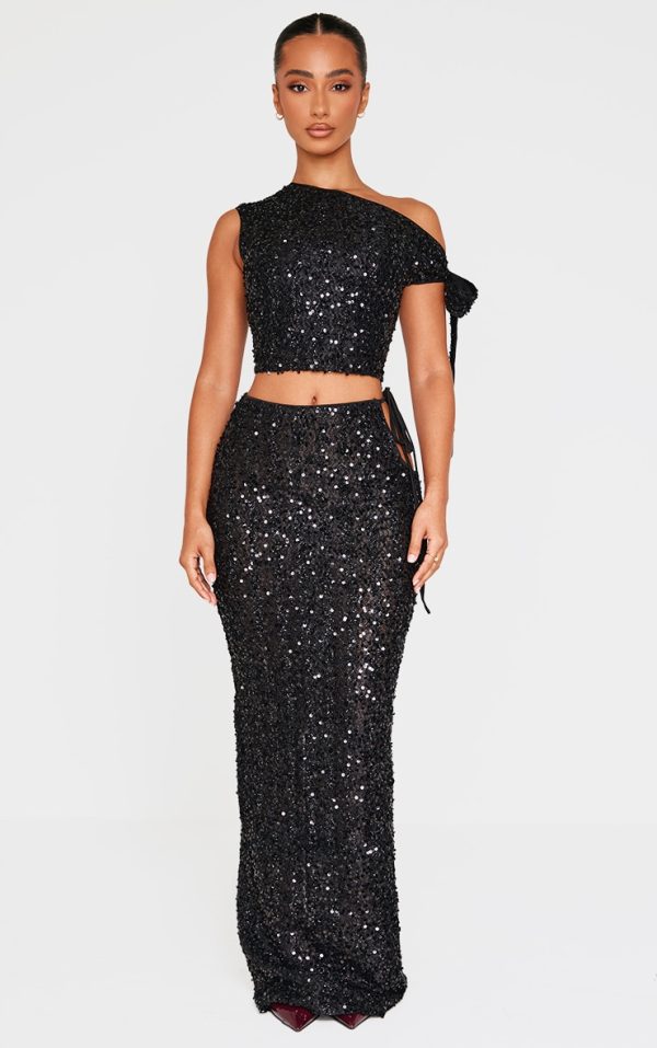 Petite Black Cut Out Side Sequin Maxi Skirt