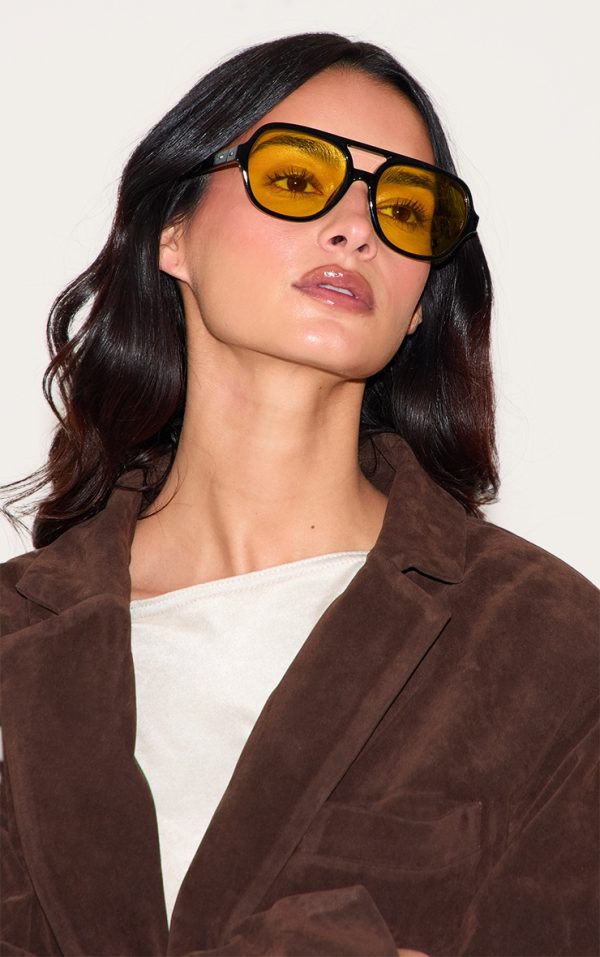 Black Plastic Frame Colored Lens Aviator Sunglasses