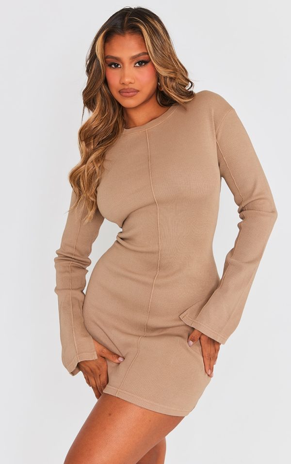 Taupe Ribbed Exposed Seam Long Sleeve Bodycon Dress
