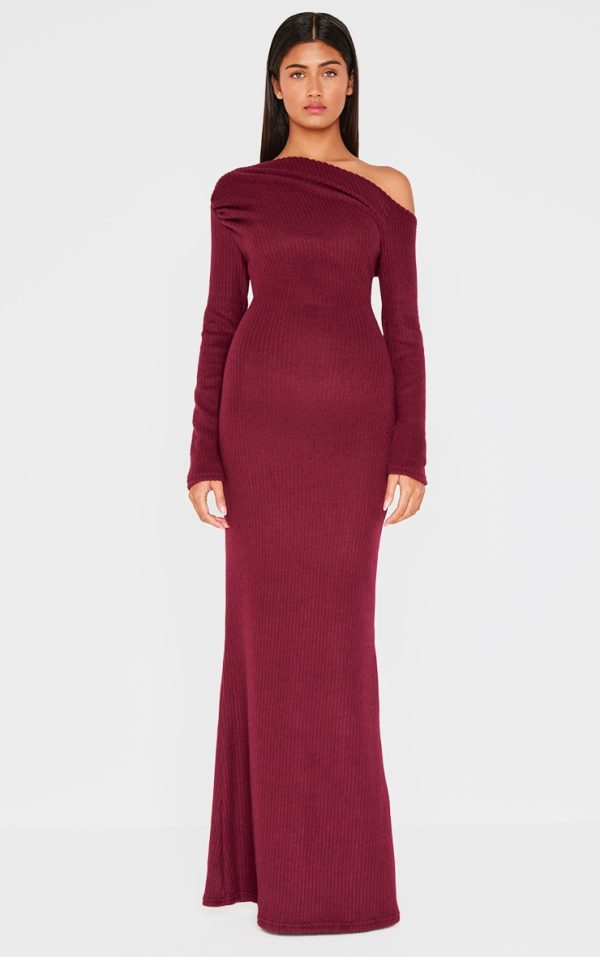 Burgundy Brushed Rib Asymmetric Maxi Dress