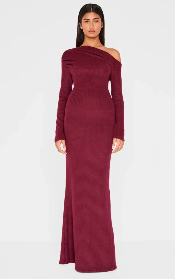 Burgundy Brushed Rib Asymmetric Maxi Dress