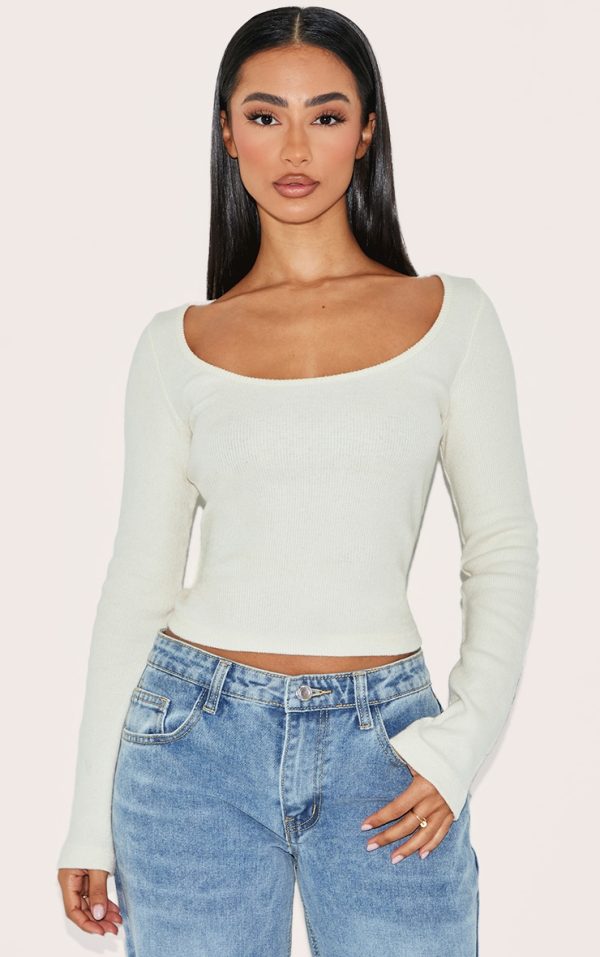 Petite Cream Ribbed Long Sleeve Top