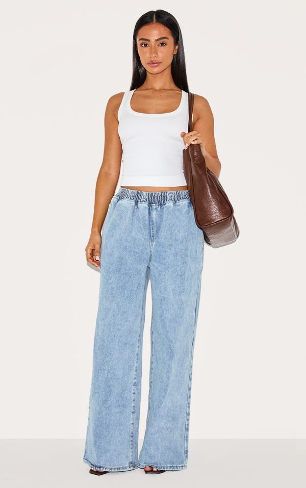 Petite Light Blue Wash Elasticated Wide Leg Jeans