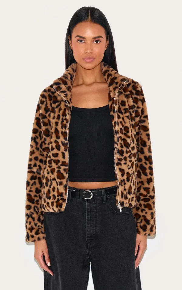 Brown Leopard Fleece Zip Up Jacket